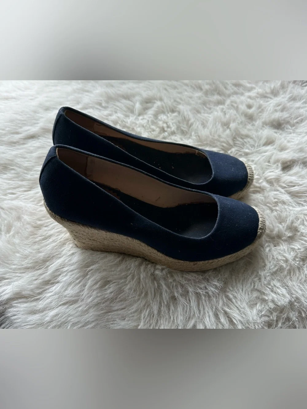 J. Crew Navy Canvas Espadrille Wedge Pumps 7 inside peeled